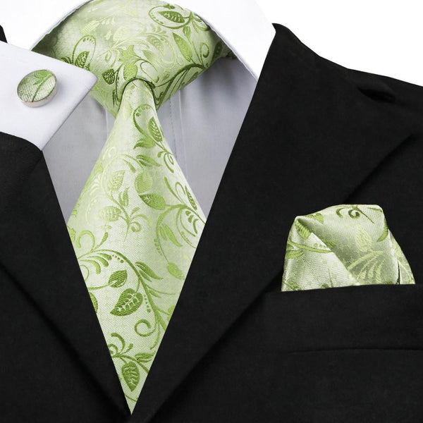 Green Floral Slik Mens Tie, Hankerchief, and Cuff Links Set