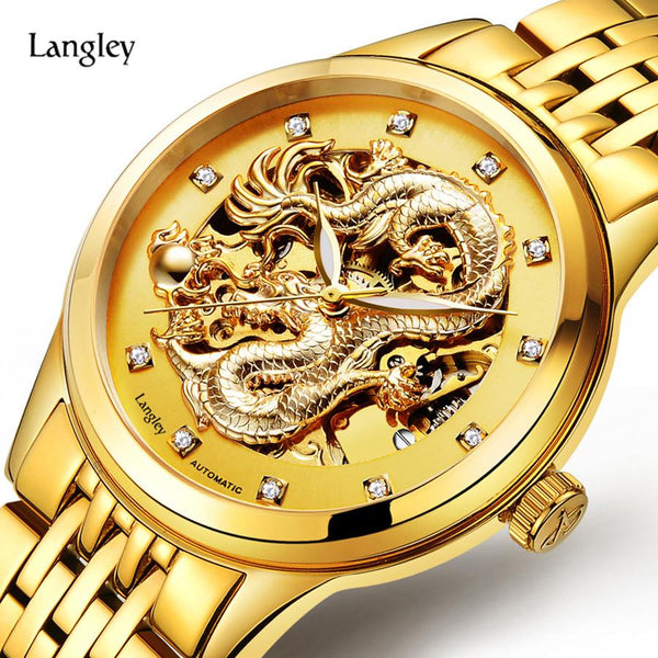LANGLEY Mens Luxury Watch with 3D Dragon Carving