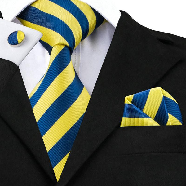 Blue and Yellow Silk Mens Tie, Hankerchief, and Cuff Links Set - LADSPAD.UK