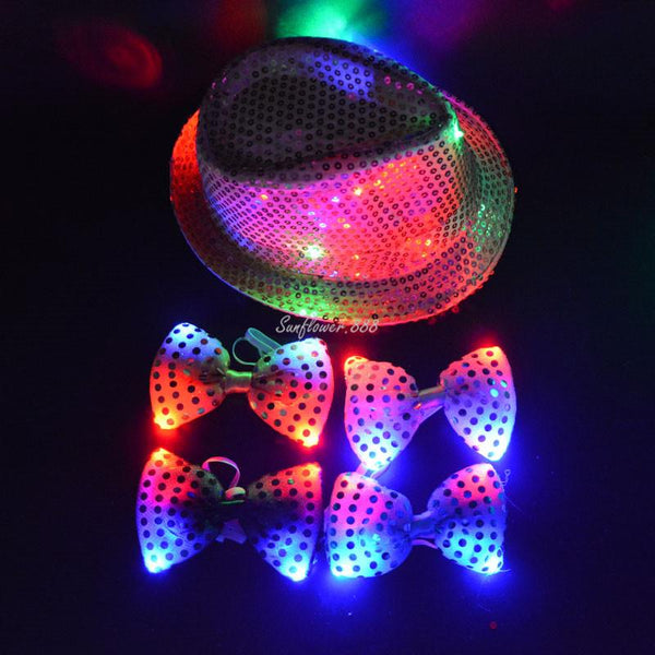 Woman Men Boy Girl Cool LED Flashing Sequins Jazz Hat Light Up Magic Hats CapsNeck Bow Tie Birthday Party Show Supplies