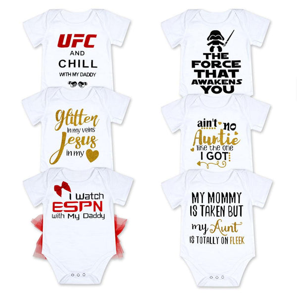 Newborn Baby Bodysuit Short Sleeve Baby Boy Girl Clothes Funny auntie uncle jumpsuit Tiny Cottons Dinosaur Baby Onesie 0-18m
