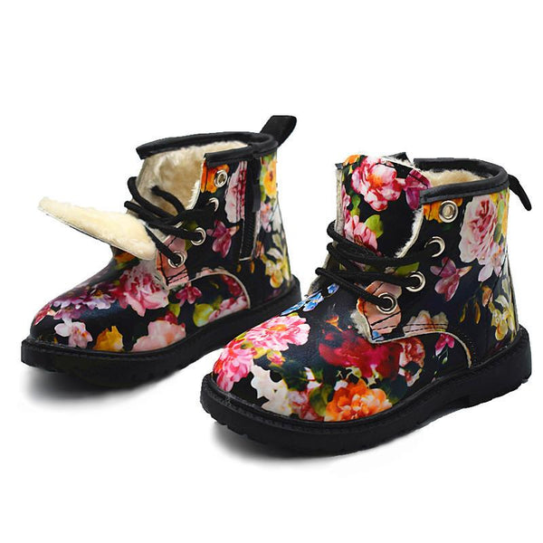 Girls Boots 2017 Winter Plush Children Cute Flower Girls Baby Snow Boots Warm Shoes PU Leather Rubber Kids Shoe Martin Boots