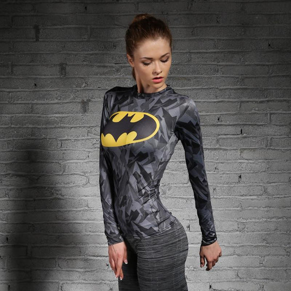 Women T-shirt Bodys Marvel costume superman/batman T Shirt Long Sleeve Girl Fitness Tights Compression tshirts