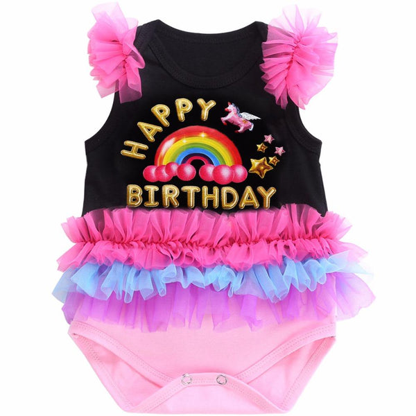 Happy Birthday Party Letter Black Baby Clothes Newborn Baby Romper Lace Short;Sleeveless Infant Clothing Button Baby Costume
