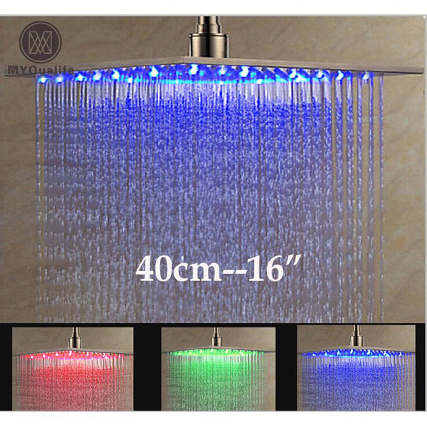 Luxury Brushed Nickel LED 16" Rainfall Shower Head Stainless Steel Square Color Changing Lights Showerhead