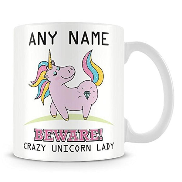 Unicorn Mug - Personalised Gift - Add Name and Text - Beware Crazy Unicorn Lady Cup