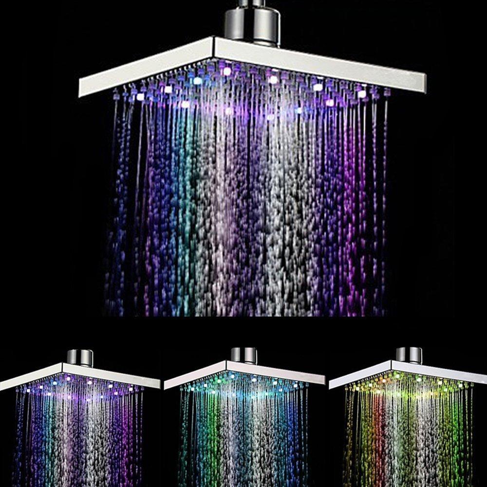 Xueqin Square ABS Temperature Sensitive Rainfall LED Shower Head Water Flow 8 Color Change 150x150x15mm Chrome Finish