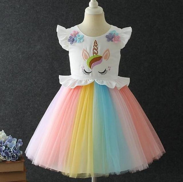 Girls Unicorn Costume Dress Princess Flowers Rainbow Dresses up Child Cosplay Wedding Party Tutu Sleeveless Fancy Up 2-10 Years