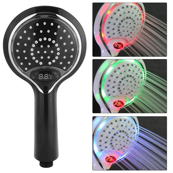 Fdit Automatic LED Light Shower Head 3 Color LED Handheld Bathroom Digital Temperature Display Shower Spray Head Water Saving