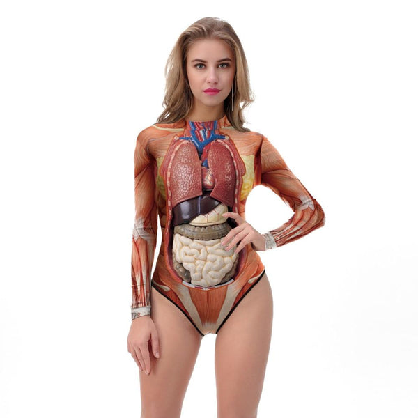 Halloween Party Swimsuit Women 2018 New 3D Human Body Organs Printed Bodysuit Long Sleeve One Piece Swimsuit Tight Beachwar