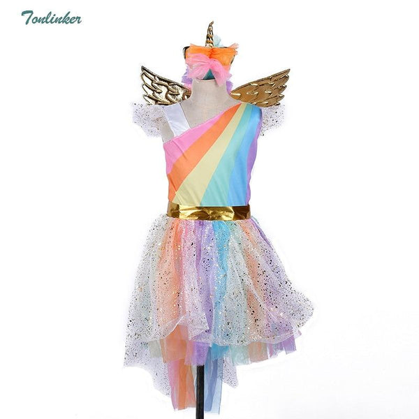 Girls Christmas Unicorn Costume With Headband Gold Wings for Kids Pony Rainbow Tutu Dress Children Halloween Theme Party Dress
